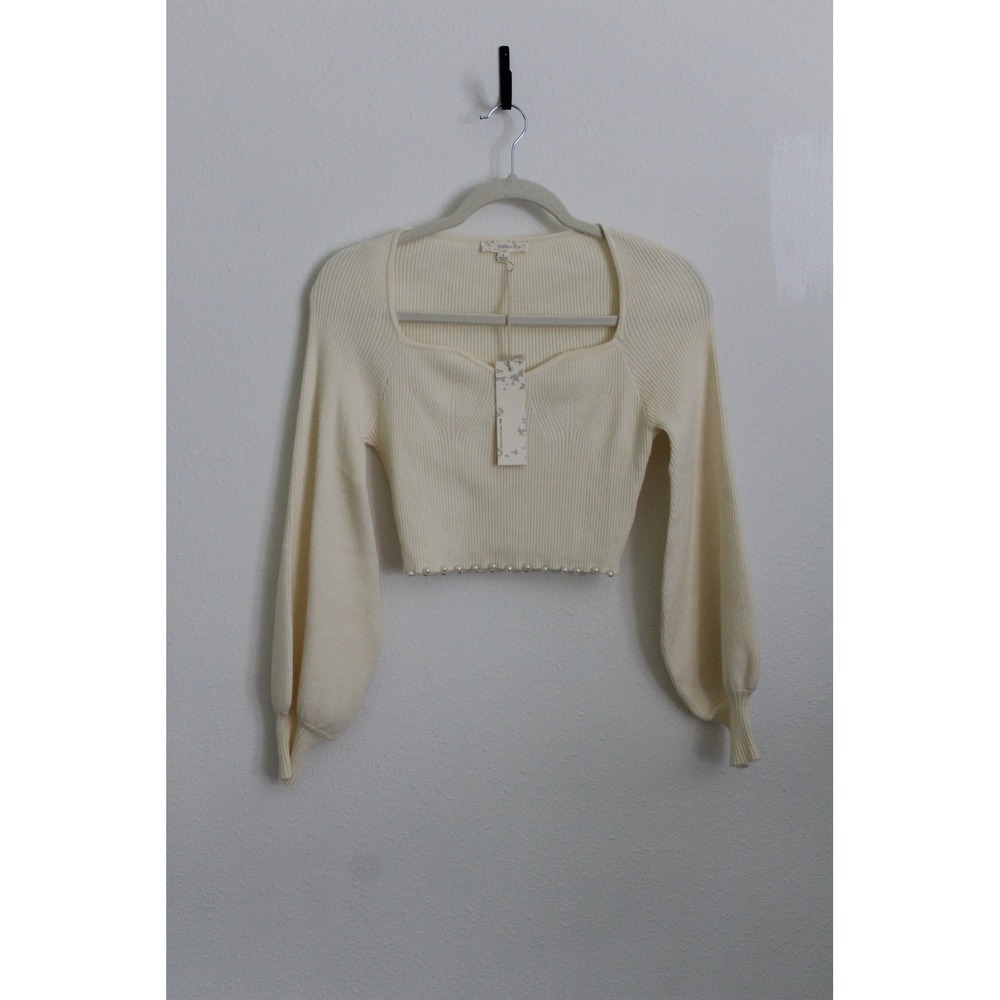 Endless Blu Womens Cream Pearl Hem Ribbed Knit Balloon Sleeve Crop Sweater S NWT - Picture 1 of 8